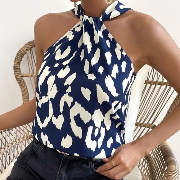Blue and White Boho Womens Allover Print Halter Neck Blouse - Picture 1 of 5